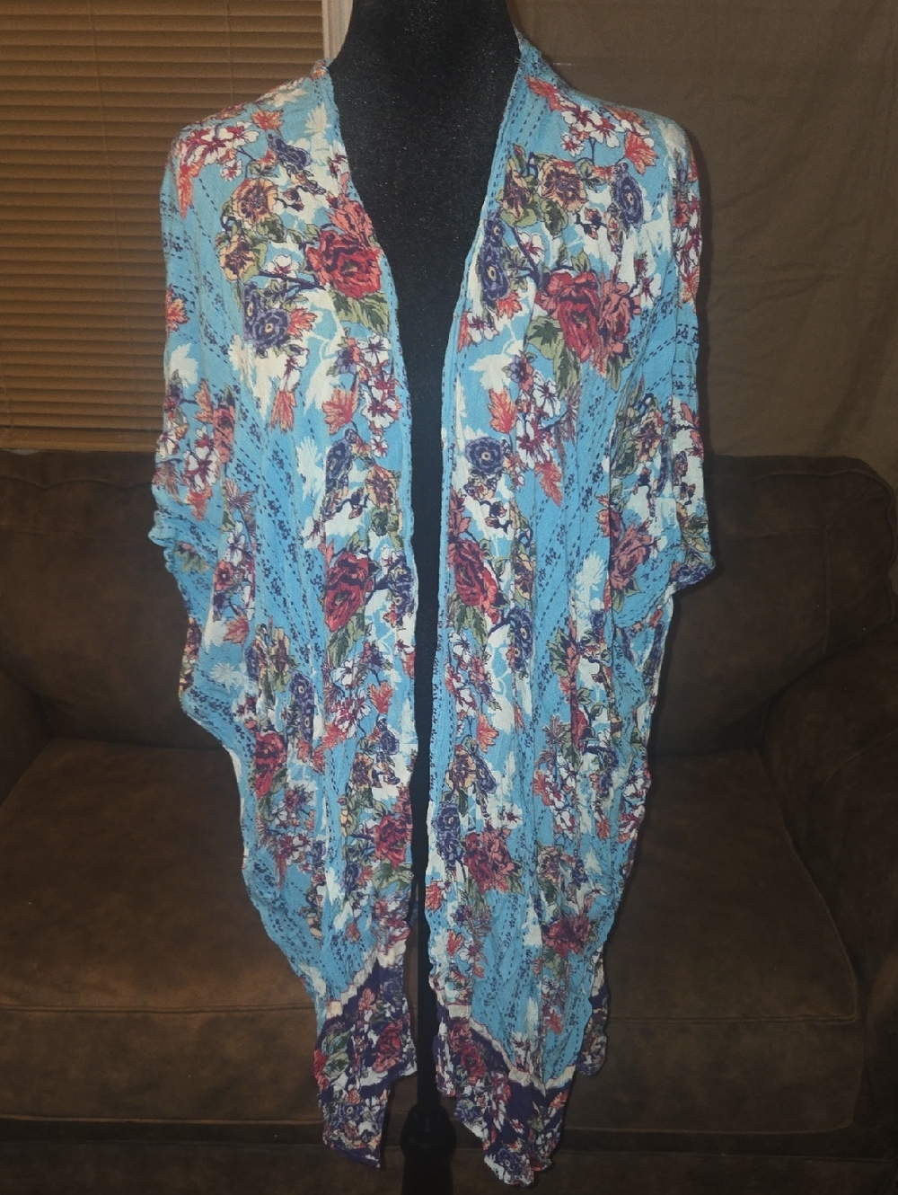 Angie Turquoise Floral Rayon Kimono with Multicolor Blooms